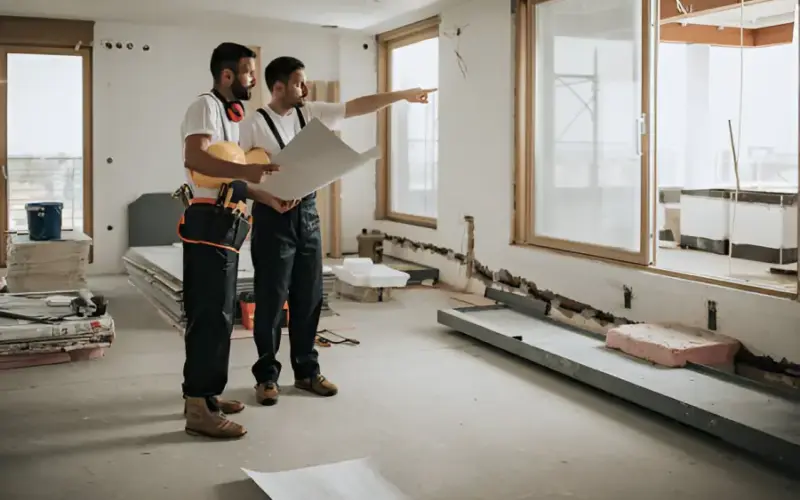Två byggarbetare granskar byggplaner och diskuterar en pågående renovering i en bostad.